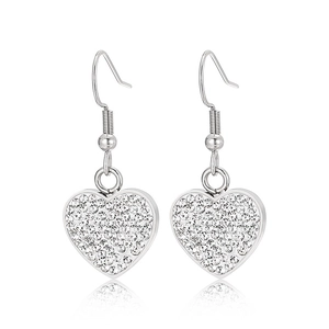 Elegant silver heart drop earrings with white rhinestones and ear hooks on white background