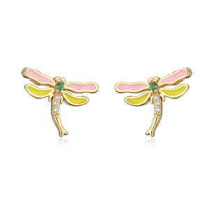 Charming gold-plated dragonfly stud earrings with colorful enamel and sparkling zircons
