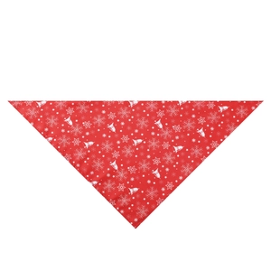 Flat lay of a red Christmas pet bandana with white snowflake, star and bell prints