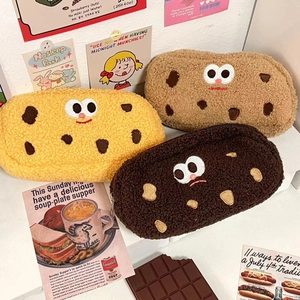 Cute Cookie Shaped Plush Pencil Case Cartoon Embroidered Face Sherpa Stationery Bag Soft Fleece Pouch For Students