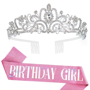 Anniversaire Reine Fille Couronne Et Écharpe Combo Alliage Strass Diadème Écharpe Pailletée Pour Femmes Anniversaire Fête Décor