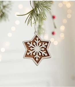 Detail of wooden hexagonal star ornament with snowflake carving on frosty pine branch