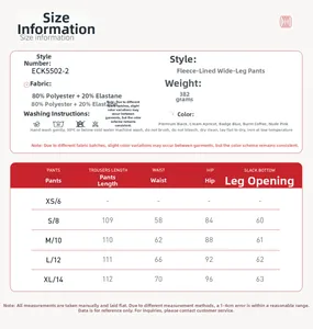 Size chart showing fleece wide-leg pants measurements and fabric blend specifications