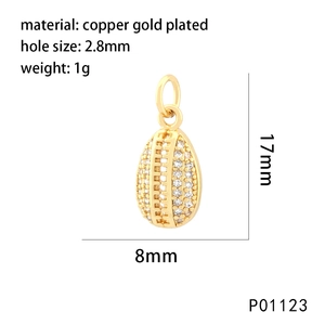 Macro view of 18K gold plated oval pendant with zircon setting and 17x8mm dimensions