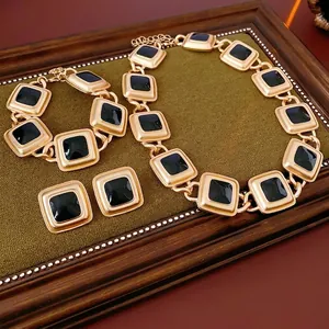 Vintage Alloy Black Enamel Square Geometric Necklace Bracelet Earrings With Silver Earring Post Retro Jewelry For Women
