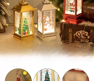 Macro view of Christmas lanterns with glitter snow effect and hand-painted figures
