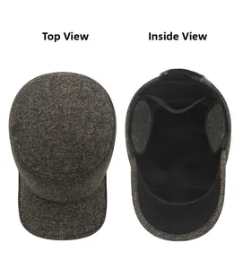 Detail view of herringbone flat cap showing warm wool fabric and thick plush lining