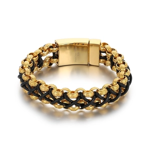 Men's 316L stainless steel woven leather bracelet with gold finish and Greek key pattern