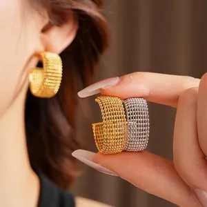 Chic C-shaped mesh beaded hoop earrings in gold and silver woven metal design