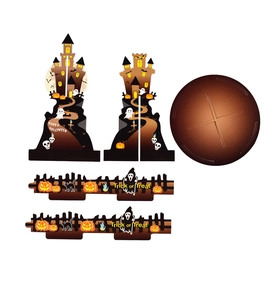 Detailed parts of Halloween castle tiered tray set with pumpkins, black cats and ghosts