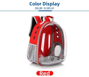 Close-up of a red pet carrier backpack featuring large transparent window and side vents