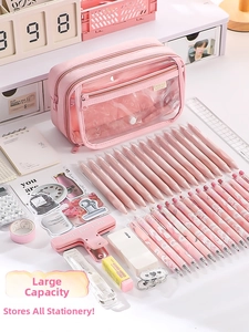 Large capacity pink multi-layer pencil case showing organized stationery storage space