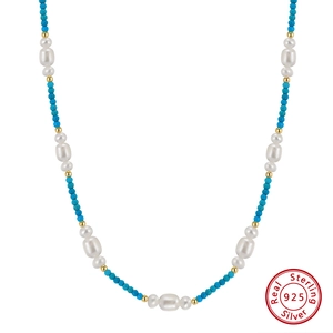 Natural freshwater pearl and turquoise beaded necklace with 925 sterling silver hardware