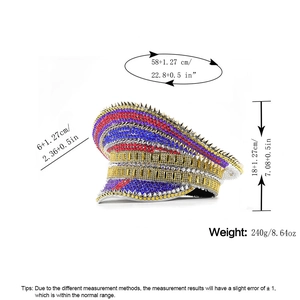 Detailed view of tricolor rhinestones and silver metal spikes on a captain party hat