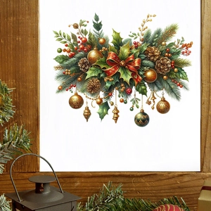 Detail of Christmas wall sticker with red pine branches, baubles and festive ribbons