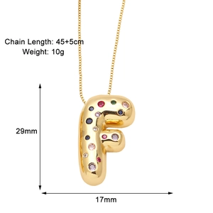 Detailed size specifications for gold letter F pendant with multi-color zircon stones