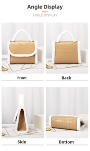 Detail views of khaki crocodile pattern handbag with white fleece trim and sturdy top handle