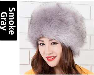 Detail showing the plush texture of a smoky grey faux fox fur Russian style hat