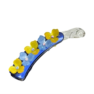 Blue and yellow floral banana hair clip with crystals for elegant ponytail styling
