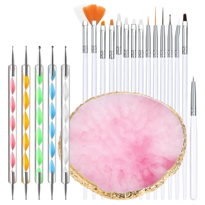 Kit nail art 21 pièces avec pinceaux, stylets de pointage et palette en résine rose