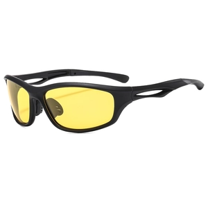 Sporty wrap-around polarized sunglasses with black frame and yellow high-contrast night vision lenses