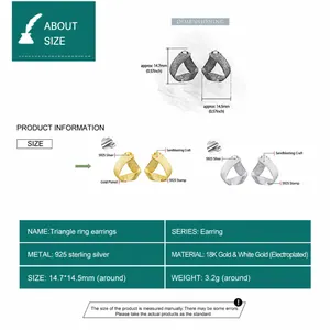 Boucles d'oreilles triangle torsadées en argent 925 avec dimensions détaillées 14,7x14,5mm