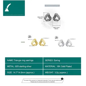 Handcrafted S925 sterling silver triangle twist earrings with size measurements 14.7x14.5mm