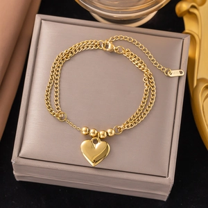Minimalist double-layer gold stainless steel heart charm bracelet with polished beads