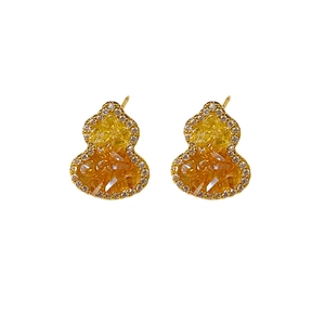 Exquisite 18K gold-plated gourd pearl earrings set with vibrant yellow and orange gems