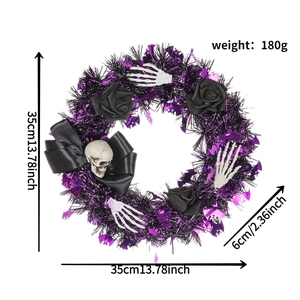 Halloween wreath size guide showing 35cm diameter with black roses and skulls