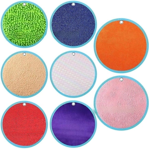 Detailed close-up of 8 colorful animal sensory felt pads with diverse tactile textures