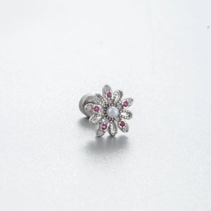 Flower shaped titanium steel stud earring with pearl and pink zircon crystals