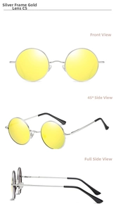 Detailed views of vintage round metal sunglasses with silver frame and gold lenses