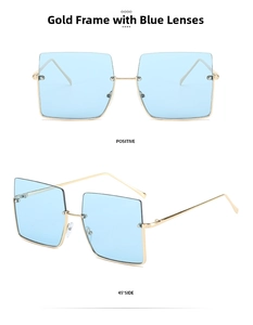 Detail view of square gold metal frame sunglasses with light blue transparent lenses