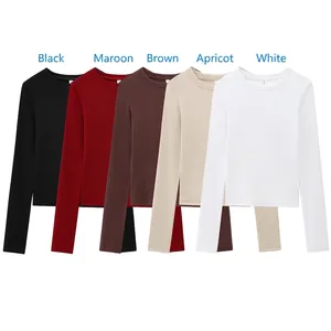 Women Long Sleeve T-Shirt Round Neck Ribbed Knit Slim Fit Solid Color Basic Casual Pullover Base Layer Tops