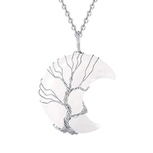Collier lune arbre de vie en argent avec pierre naturelle blanche et chaîne en acier inox