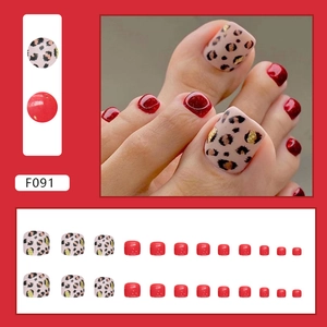 Sparkling burgundy and leopard print press-on toe nails set with gold accents 24pcs