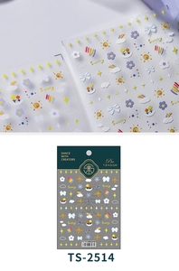 Detail of TS-2514 rainbow nail art stickers featuring 3D sunny day motifs and bows