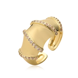 Wide 18K gold-plated geometric open ring with champagne zircon rows on white background