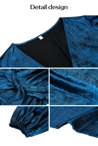 Détails de la robe en velours bleu montrant le col en V, la ceinture et la texture