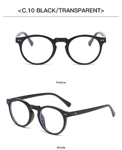 Macro detail of round black eyeglass frame featuring silver rivets and clear lenses