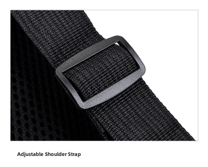 Detail of adjustable black nylon shoulder strap with durable plastic buckle for men's bag