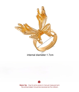Detailed technical drawing of golden butterfly ring with 1.7cm inner diameter and 5g weight