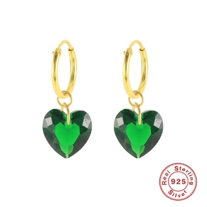 S925 sterling silver gold hoop earrings with green crystal heart pendants for women