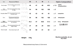 Detailed size chart for faux leather jacket and trousers set with washing instructions