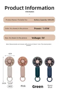 Detailed size and technical specs for portable 500mAh mini USB fans in four colors