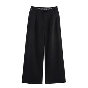 Elegant black wide leg trousers with delicate lace patchwork waist and pleated front