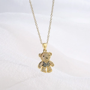 Teddy Bear Pendant Necklace Copper Gold Plated Micro Set Zircon Rhinestone Cute Animal Jewelry For Women