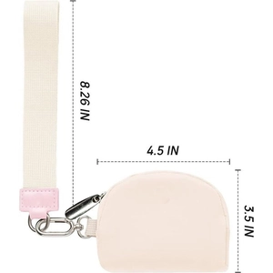 Lightweight nylon wristlet pouch in beige and pink with dimension labels and lanyard