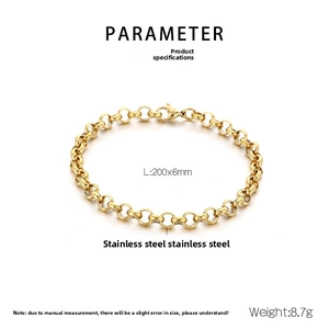 Detailed view of golden stainless steel curb chain bracelet with lobster clasp specifications